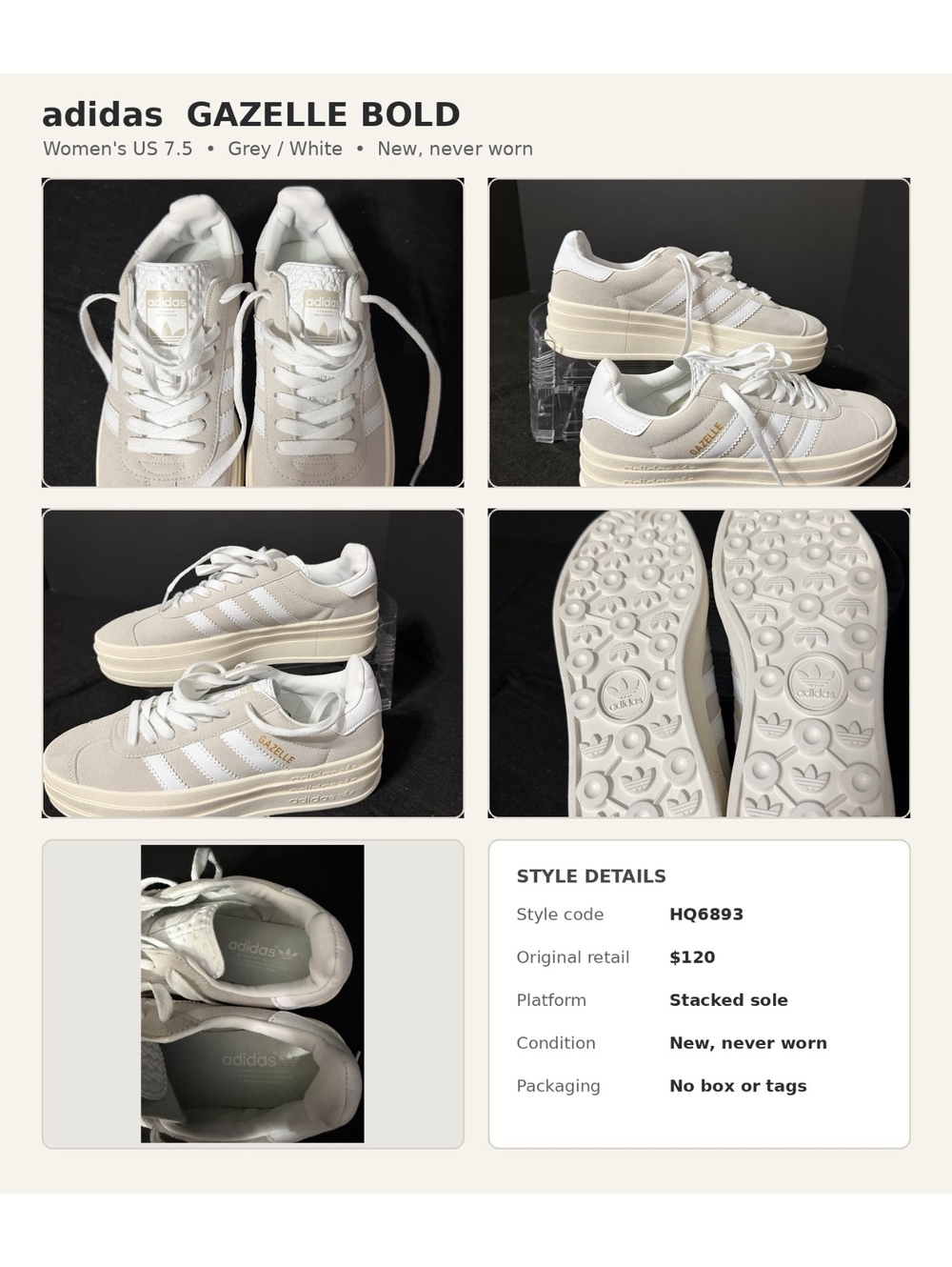 Addidas Originals Gazelle Bold Platform Sneakers - Grey/White - Women's 7.5